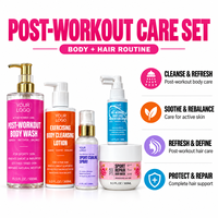 Ensemble de Soins Sportifs 5 Pièces Marque Privée : Gel Douche Pré-Entraînement, Lotion Nettoyante, Spray Anti-Chute Cheveux Bouclés, Masque