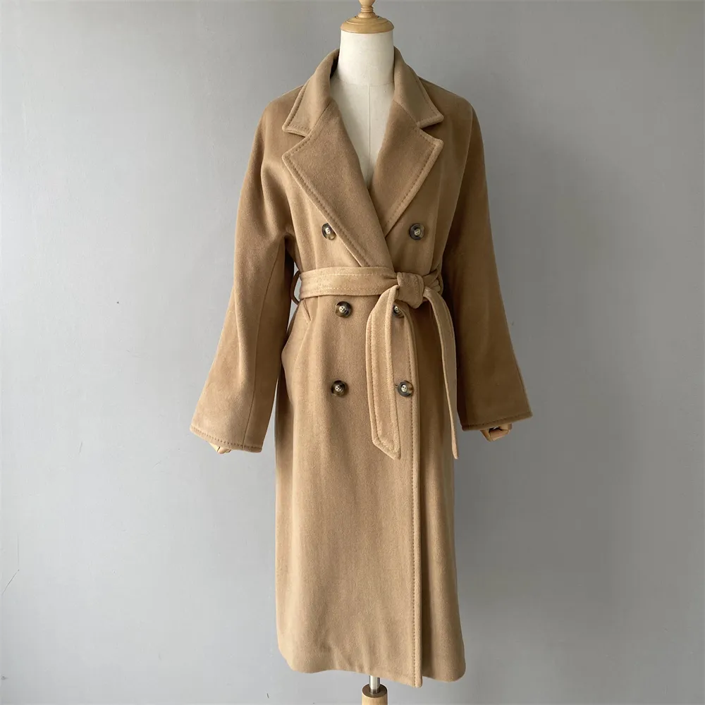 봄 가을 새로운 트렌드 폴리 에스터 안감 벨트 디자인 여성 긴 트렌치 울 코트와 고품질 캐시미어 코트