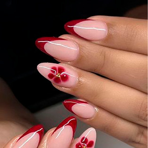 <span class=keywords><strong>Uñas</strong></span> <span class=keywords><strong>Postizas</strong></span> de Almendra con Punta Francesa Roja y Diseño Floral, <span class=keywords><strong>Uñas</strong></span> Falsas con Cobertura Completa <span class=keywords><strong>para</strong></span> Mujer, Venta al Por Mayor - Product Image 1