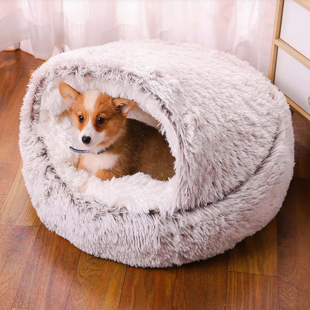 Grosir diskon besar tempat tidur hewan peliharaan bulat mewah bentuk Kerang berbulu Keong berkerudung tempat tidur kucing gua dapat dicuci rumah tahan air bawah tempat tidur anjing