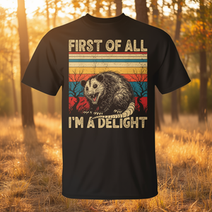 T-shirt unisexe pour adulte, à manches courtes, col rond, imprimé en sérigraphie, First Of All I'm A Delight Sarcastic Opossum - Product Image 3