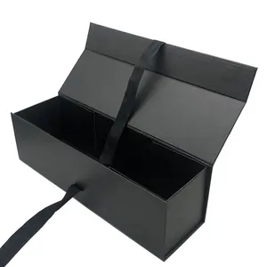 Scatole di parrucca magnetica pieghevole in carta nera di lusso personalizzate con logo personalizzato con chiusura a nastro