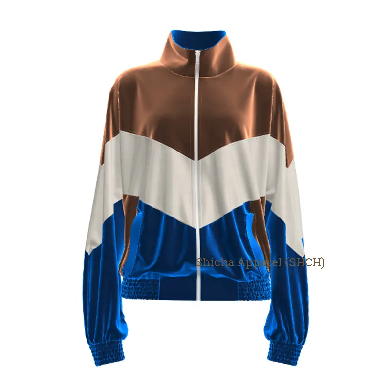 High quality custom color blue brown patchwork unisex velvet velour bomber jacket for men