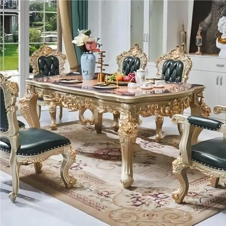 European high quality design neoclassical high-end furniture gold leaf finished refined marble top dining table