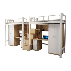Lit d'étudiant moderne deux-en-un en métal pour dortoir, avec <span class=keywords><strong>bureau</strong></span> intégré, armoire et cadre de lit souple, idéal pour appartement et école - Product Image 1