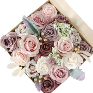 कृत्रिम फूल के साथ कॉम्बो सेट नकली फूल पत्ती बॉक्स उपजी रेशम नकली गुलाब फूल DIY शादी सजावट Centerpieces KZH430