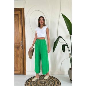 Pantalones Casuales de Lino Verde para Mujer al por Mayor, Cintura Alta Elástica, Transpirables, de Pierna Ancha, Talla 3XL, Lavado de Color, Elásticos - Product Image 5