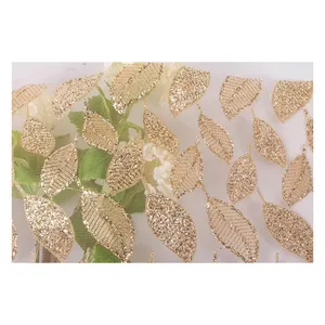 100% polyester in kỹ thuật số long lanh vải lá ren lưới vải cho váy cưới