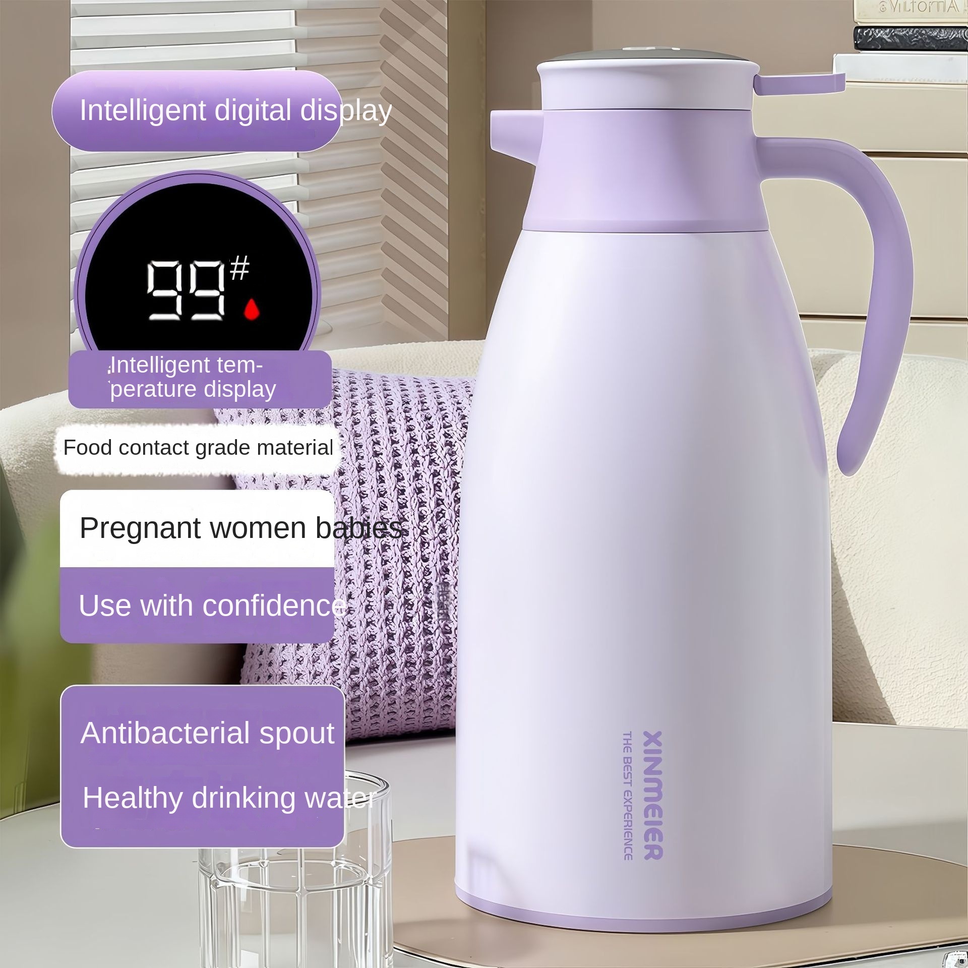New Purple Insulation Pot Digital Temperature Display Vacuum Flask Smart Drinkware Large Capacity Glass Bottle 24-36 Hours Home