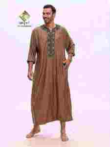 Al Haramain <b>Men's</b> Brown Cotton <b>Thobe</b> Three-Quarter Sleeve Embroidered Ankle Length Prayer Robe Loose Fit Middle East Style - Product Image 1