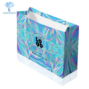 Custom Print Logo Recycled Glossy Holographic Pink Purple Shopping Paper Hand Bag - Product Image 3