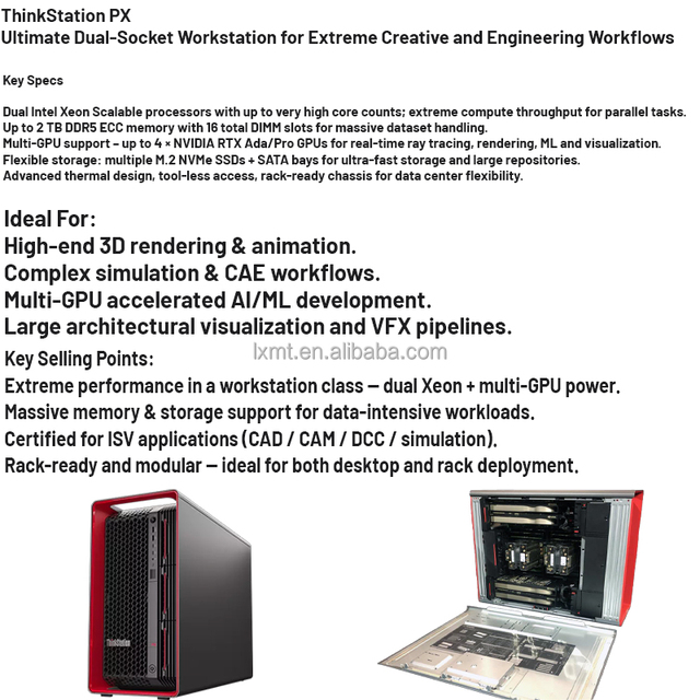 ThinkStation PX Tower Graphics Workstation Deepseek AI Supporting 4 Dual-Wide GPU Cards and Dual Xeon Processors Made in China