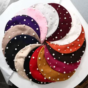 Vintage wool pearl beret ladies hat autumn and winter warm beaded ballet hat elegant female ladies solid painter hat