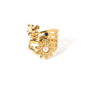 Non Tarnish Gold Plated Cuff Finger <b>Rings</b> Women Shell Pearl Charm Sunflower <b>Ring</b> - Product Image 3