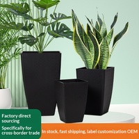 Pot de fleurs carré en plastique, grand calibre, respirant, durable, style minimaliste, finition faux ciment, profond et haut, à poser au sol