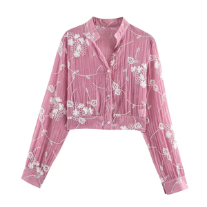 Chemisier brodé sur mesure pour femme 2026 à col mandarin - Haut court ajusté avec boutons sur le devant, OEM/ODM par une usine de vêtements chinoise - Product Image 1