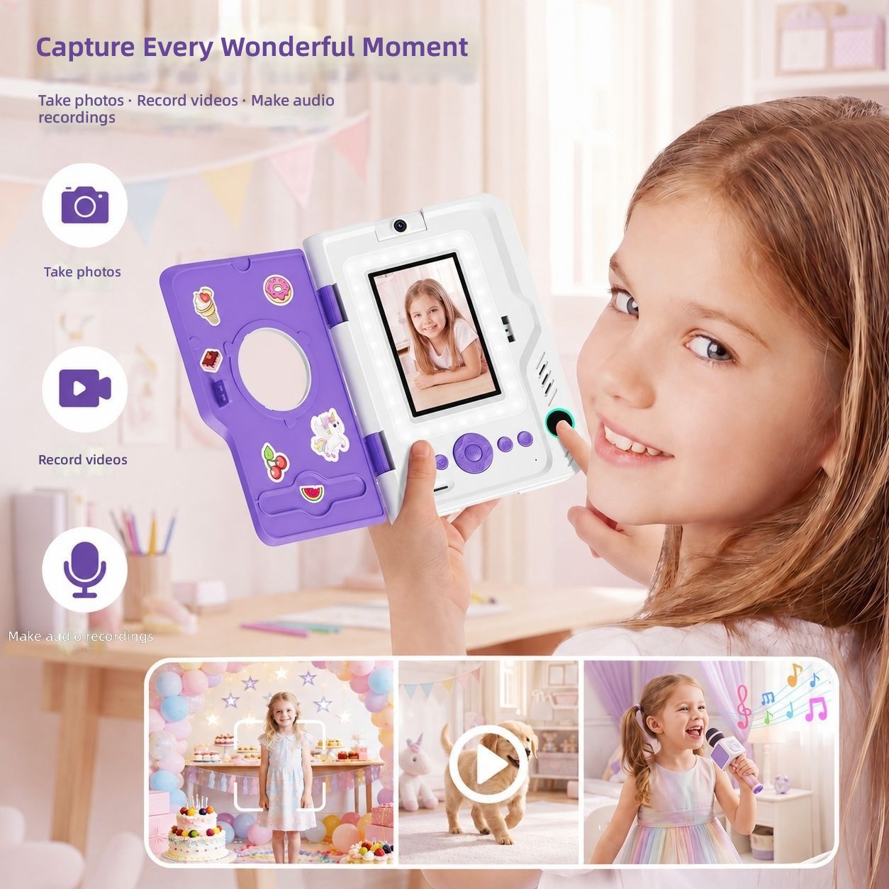 Children Fingerprint Digital <strong>Camera</strong> <strong>180</strong>-<strong>Degree</strong> Rotating Lens 3.0-3.9" Screen App Control Fingerprint-Protected Photo Album