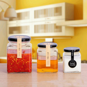 Vuoto molti formato disponibile 50g ~ 1000g di <span class=keywords><strong>vetro</strong></span> quadrato honey jar barattolo di marmellata di canning vaso con vite di metallo nero o coperchio d'oro - Product Image 5
