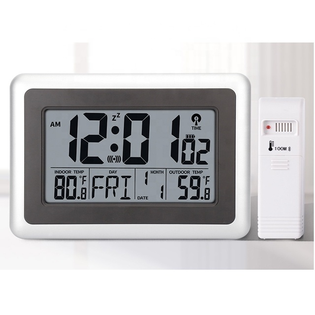 Traditional Square Battery Powered Digital Wall Radio Controlled Clock with Alarm Desk Calendar Indoor Outdoor Temperature WWVB