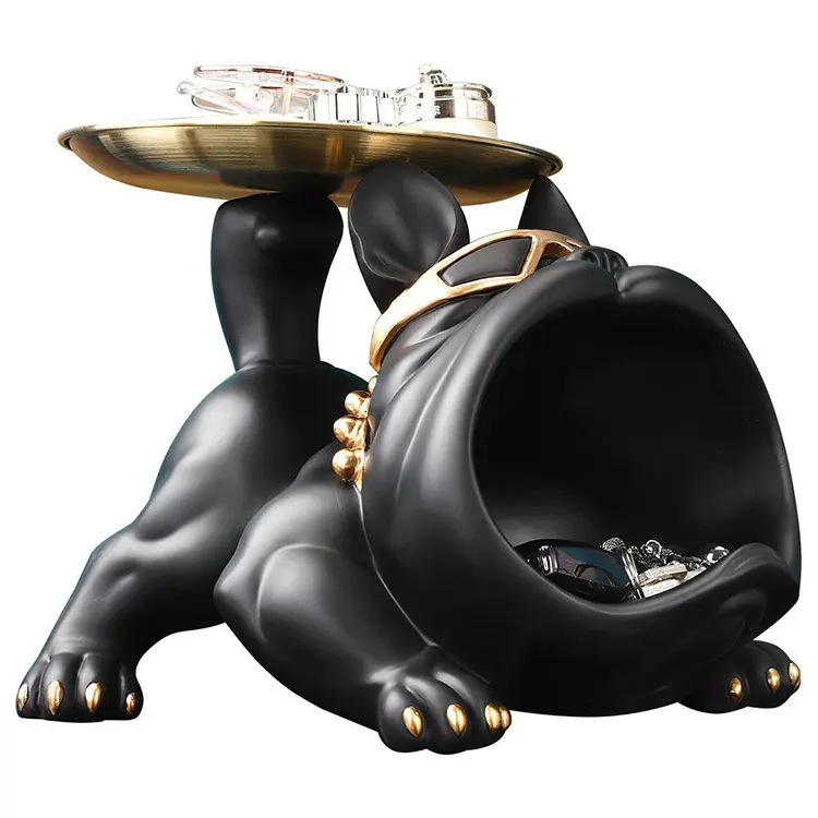 2024 nhà máy trực tiếp New Poly nhựa màu đen dễ thương đáng yêu động vật Bulldog khay chủ nhà trang trí bức tượng tác phẩm điêu khắc món quà kỳ nghỉ