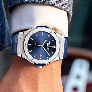 PINDU Minimalist Business <b>Men's</b> Automatic <b>Mechanical</b> <b>Watch</b> with Date Display, Leather Strap, and Octagonal Bezel with Screws - Product Image 3