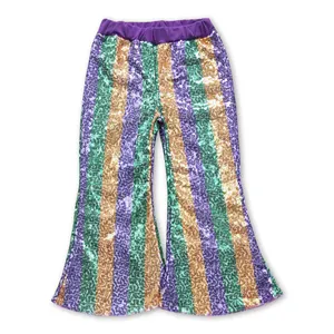 P0277紫色绿色金色条纹狂欢节亮片裤子批发童装