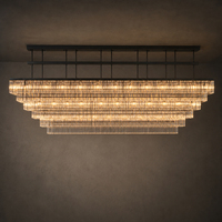 Lampe à suspension rectangulaire longue à plusieurs niveaux en cristal avec support en métal noir pour l'éclairage décoratif des grandes salles à manger et de projets hôteliers