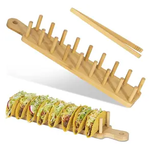 Customize Bamboo Wood Taco Tray with Tong Holds 8 Taco Shells or Tortillas Housewarming Gift