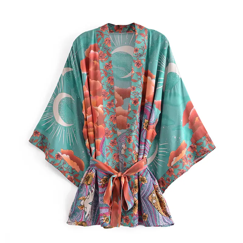 Fashion design moon printed green kimono bohemian style women boho rayon clothing