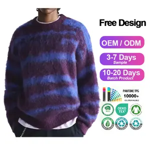 Custom Logo Men Mohair Sweaters Fuzzy Long Sleeve Knitwear Clothes Winter Knitted Pullover Striped Mohair Sweater For Men