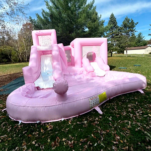 บ้านลมสีชมพูแบบคอมโบ เกรดเชิงพาณิชย์ พร้อมสไลเดอร์และสระน้ำ - Product Image 1