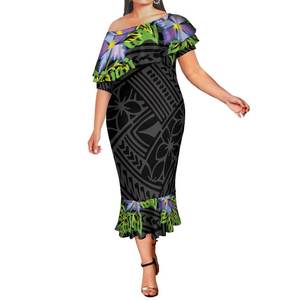 2023 Meilleure vente polynésien Tapa Design élégant robes en queue de poisson fleur blanche du Pacifique grande <span class=keywords><strong>taille</strong></span> <span class=keywords><strong>8XL</strong></span> Double châle robe de sirène - Product Image 3