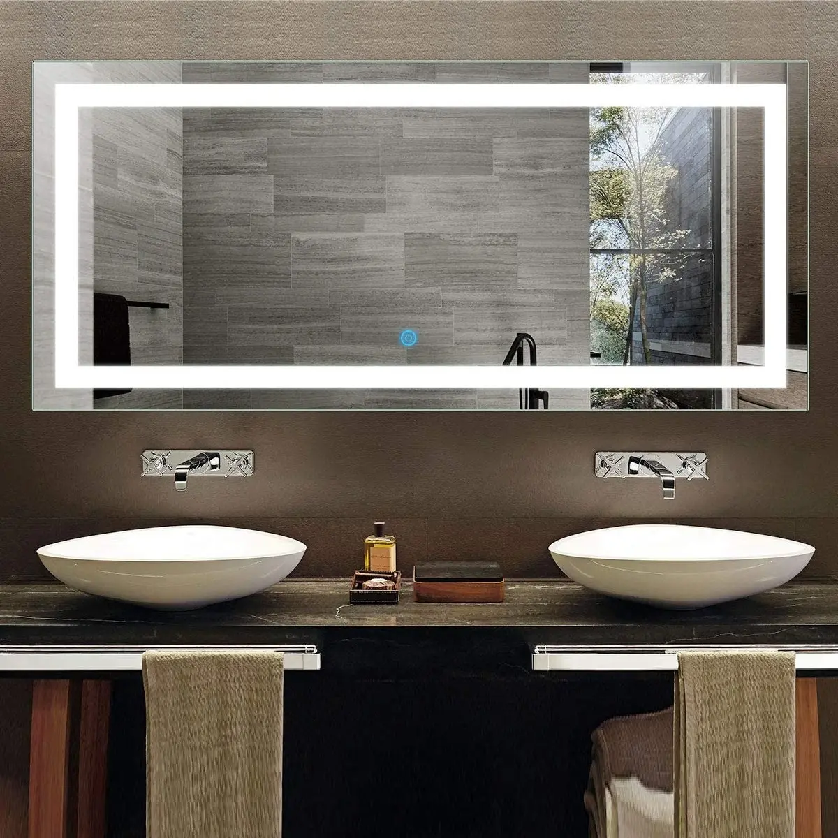 Customizado hotel casa touch screen defletor, prata inteligente led retângulo de parede inteligente banheiro inteligente led espelho iluminado