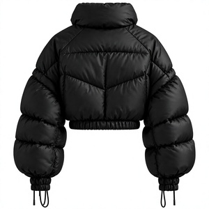 Women's Black Cropped Puffer Jacket Hooded Quilted Winter <b>Coat</b> Zip Up Full Sleeve Thick Polyester Wadding Short Length - Product Image 3