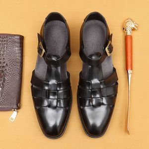 Sandales d'été pour hommes à brides croisées en cuir de vachette première couche, à bout ouvert, avec boucle, décontractées, respirantes, doublure en cuir - Product Image 4
