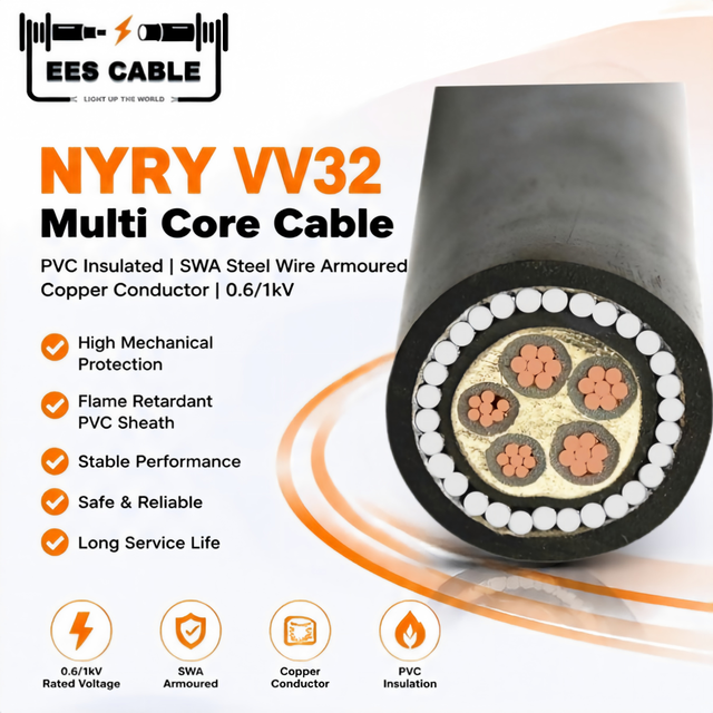 NYRY VV32 SWA Steel Wire Armoured 3+1Core With Earth 3x50+25mm2 Copper Multi PVC Insulated PVC Outer Sheath Cable EESCABLE