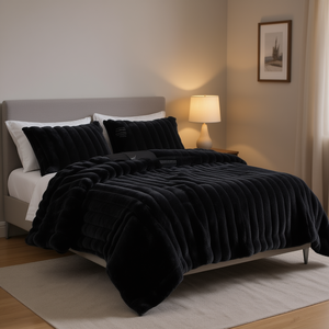 Set Copripiumino in Finta Pelliccia Nera a Coste, Misura King, 3 Pezzi, Ultra Morbido, Biancheria da Letto - Product Image 2