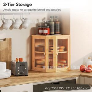 Cross-border bamboo bread box <b>cabinet</b>/dish storage box, double door with acrylic lid, <b>corner</b> wooden storage <b>cabinet</b> - Product Image 1