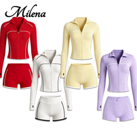 Ensemble de yoga pour femmes Milena, blanc avec bordure contrastée, logo personnalisé, nylon et élasthanne, vêtements de sport, tenue de sport, tenue de fitness, vêtements de sport ajustés