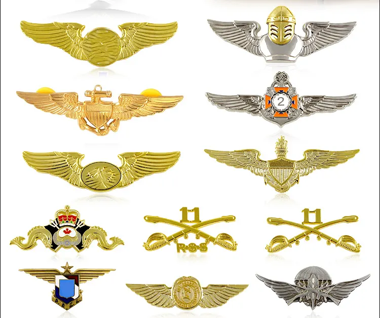 Emblema de asas de companhia aérea profissional emblema de metal alfinete de lapela emblema de asas de ouro prateado