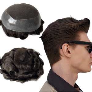 Sostituzione di <span class=keywords><strong>Capelli</strong></span> Umani Vergini Indiani # Toupet in PU Marrone Scuro e Nero 8x10 Pollici, Unità Ondulata 32mm per Uomini Bianchi - Product Image 1