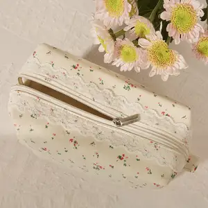 Custom Lace Trimmed Floral Cosmetic Makeup Make Up Toiletry Wash Travel Bag With Inner Pockets