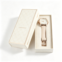 Boîte à montre personnalisée avec logo, motif treillis or rose ivoire, emballage de montre-bracelet pour femme, plateau en velours, deux pièces, luxe
