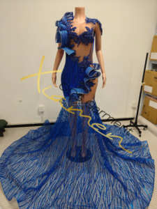 Vestido de Fiesta Elegante de Tul Transparente con Lentejuelas y Volantes de Ocstrade, Vestido de Graduación Azul Real de Lujo con Pedrería - Product Image 3