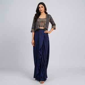 Ensemble indien pakistanais gaufré pour femme, en soie chinon et georgette, comprenant un sari, une blouse, un crop top et un pantalon palazzo à volants, séchage rapide, pour mariage - Product Image 1