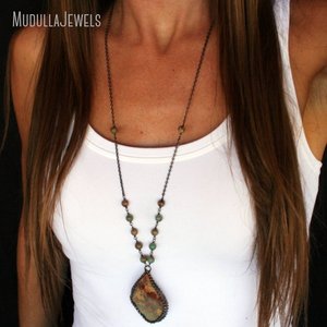 NM43285 Bijoux Soudés Pierre Naturelle Pierres Précieuses Jaspe Peau de Serpent Forme Libre Dalle Collier Antique Argent Plaqué Boho <span class=keywords><strong>Chic</strong></span> Accessoires - Product Image 5