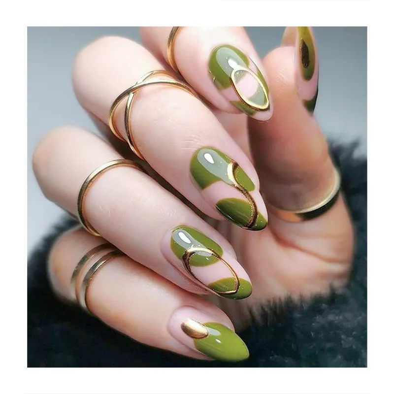 High Quality Long Almond Fake Nails Nude Nails Tips Special Grass Green Color Art Fingernails Supply Vendors Press On Nails