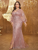 Robe de soirée longue à volants pour femmes grandes tailles, col en V, manches longues lanternes, tissu en dentelle, taille cintrée, fente haute devant
