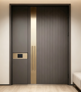 Puerta de Entrada Contemporánea de Acero Qifan con Detalles Dorados y Diseño Antirrobo, Apertura Manual, Superficie Exterior Acabada - Product Image 2