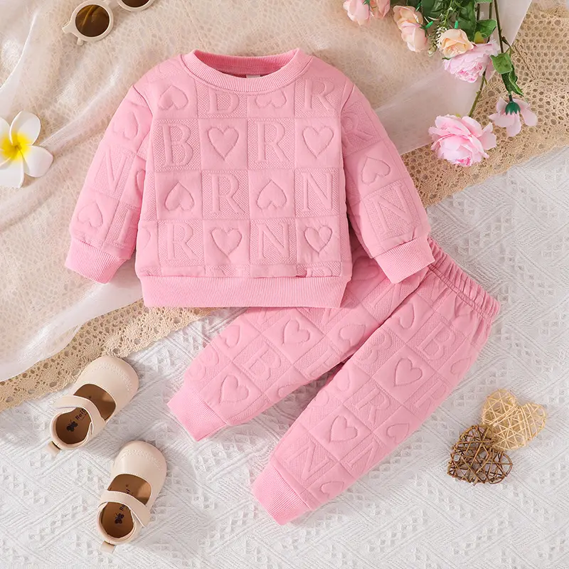 ピンクの子供用長袖服セットラブパターン新生児ロングレギンス服ベビー服セット